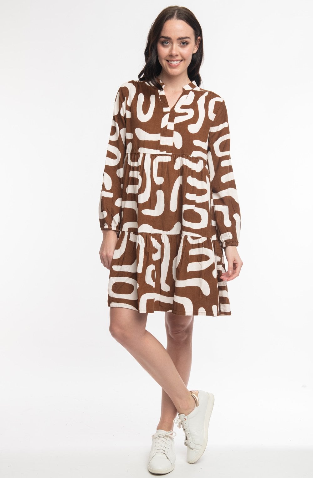 Tan Printed Cord Knee Length Layered Dress