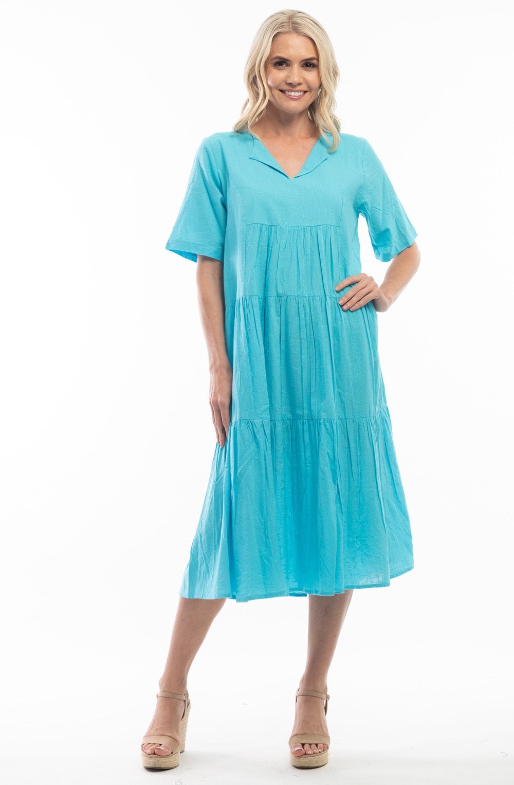 Turquoise Cotton Tiered Midi Dress