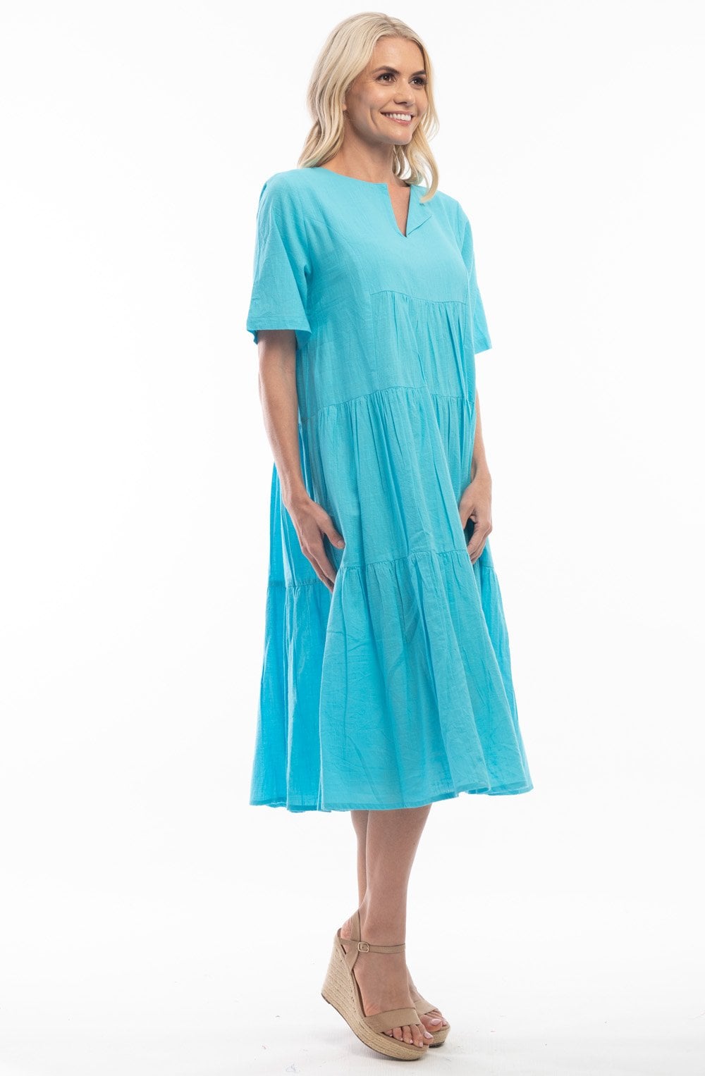 Turquoise Cotton Tiered Midi Dress