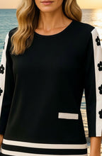 Black and White Flower Appliqué Sleeve Top