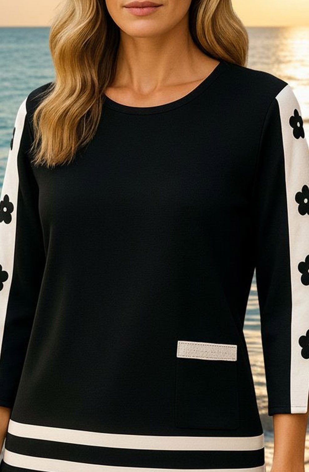 Black and White Flower Appliqué Sleeve Top