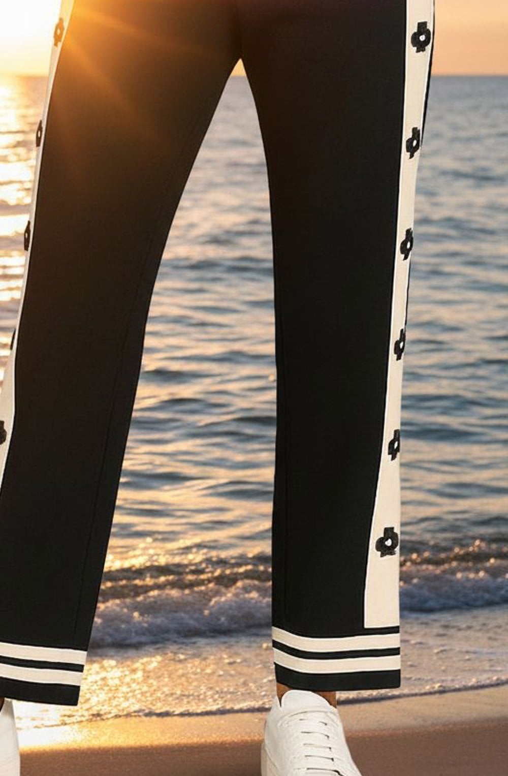 Black and White Flower Appliqué Wide Leg Trousers