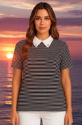 Black and White Striped Diamanté Collar T Shirt