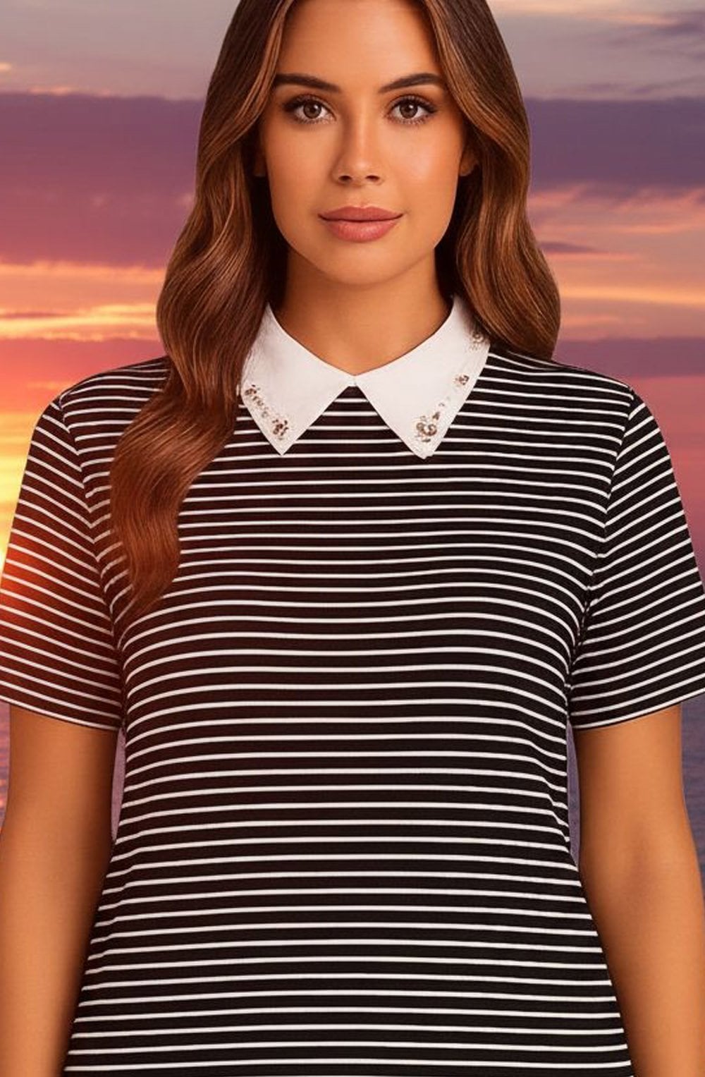 Black and White Striped Diamanté Collar T Shirt