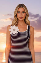 Black and White Striped Flower Brooch Maxi Dress