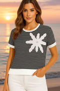 Black and White Striped Statement Flower Top