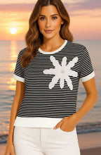 Black and White Striped Statement Flower Top