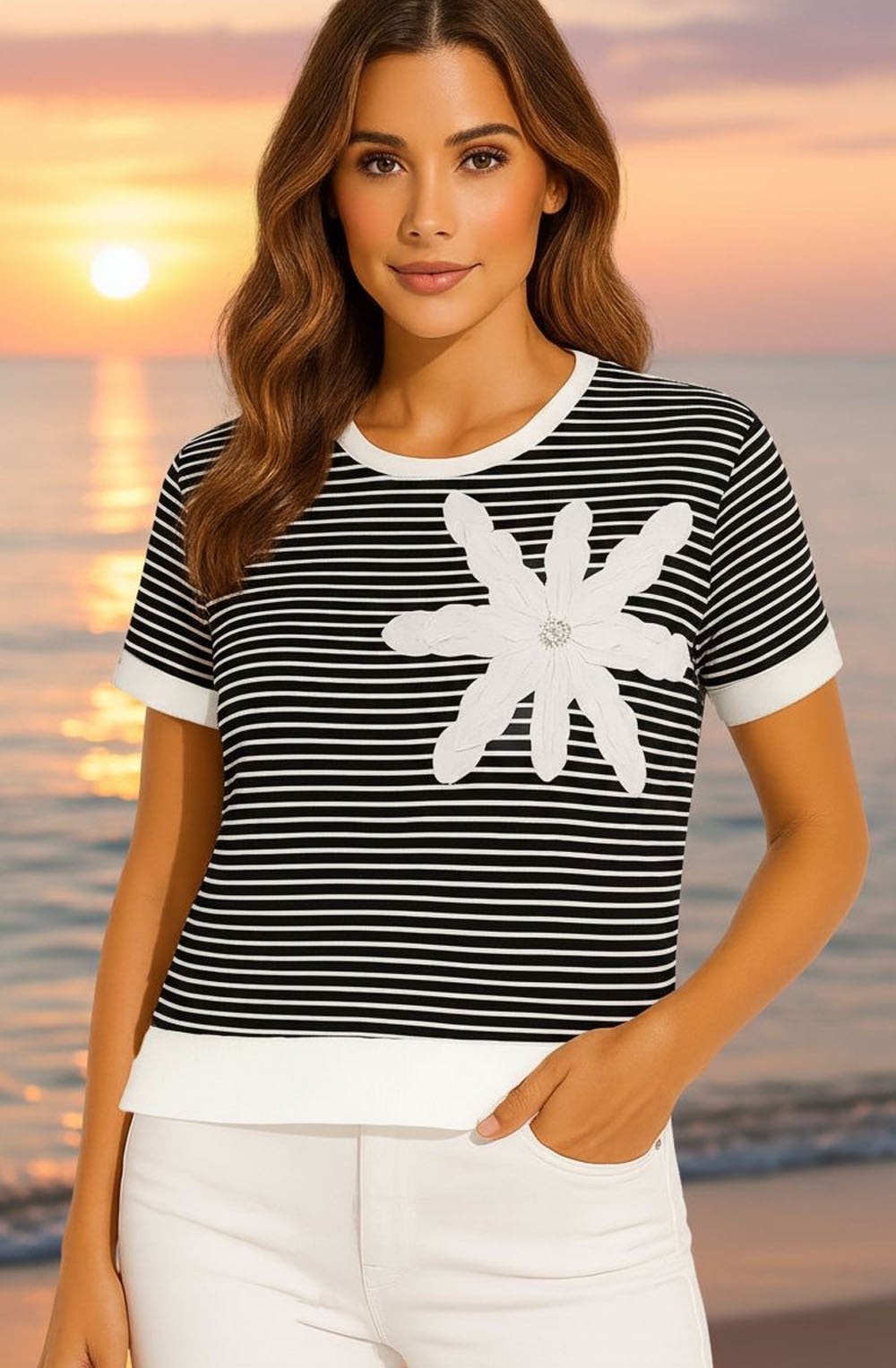 Black and White Striped Statement Flower Top