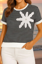 Black and White Striped Statement Flower Top