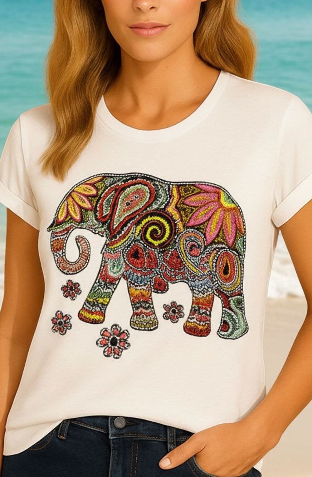 Diamanté and Pearl Encrusted Elephant T Shirt