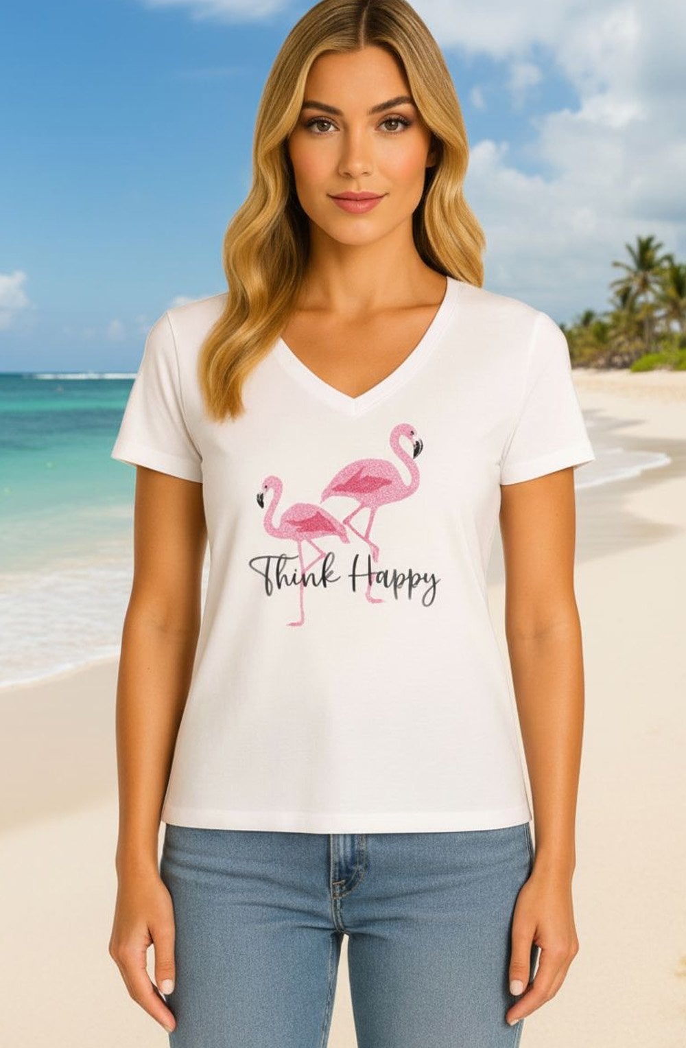 Diamanté Encrusted Think Happy Flamingo T Shirt