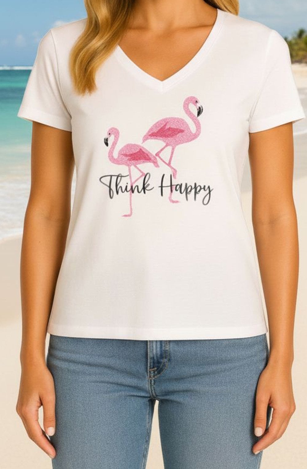 Diamanté Encrusted Think Happy Flamingo T Shirt