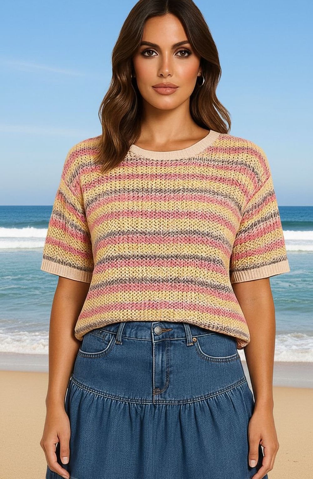 Pink Mix Striped Drawstring Hem Jumper