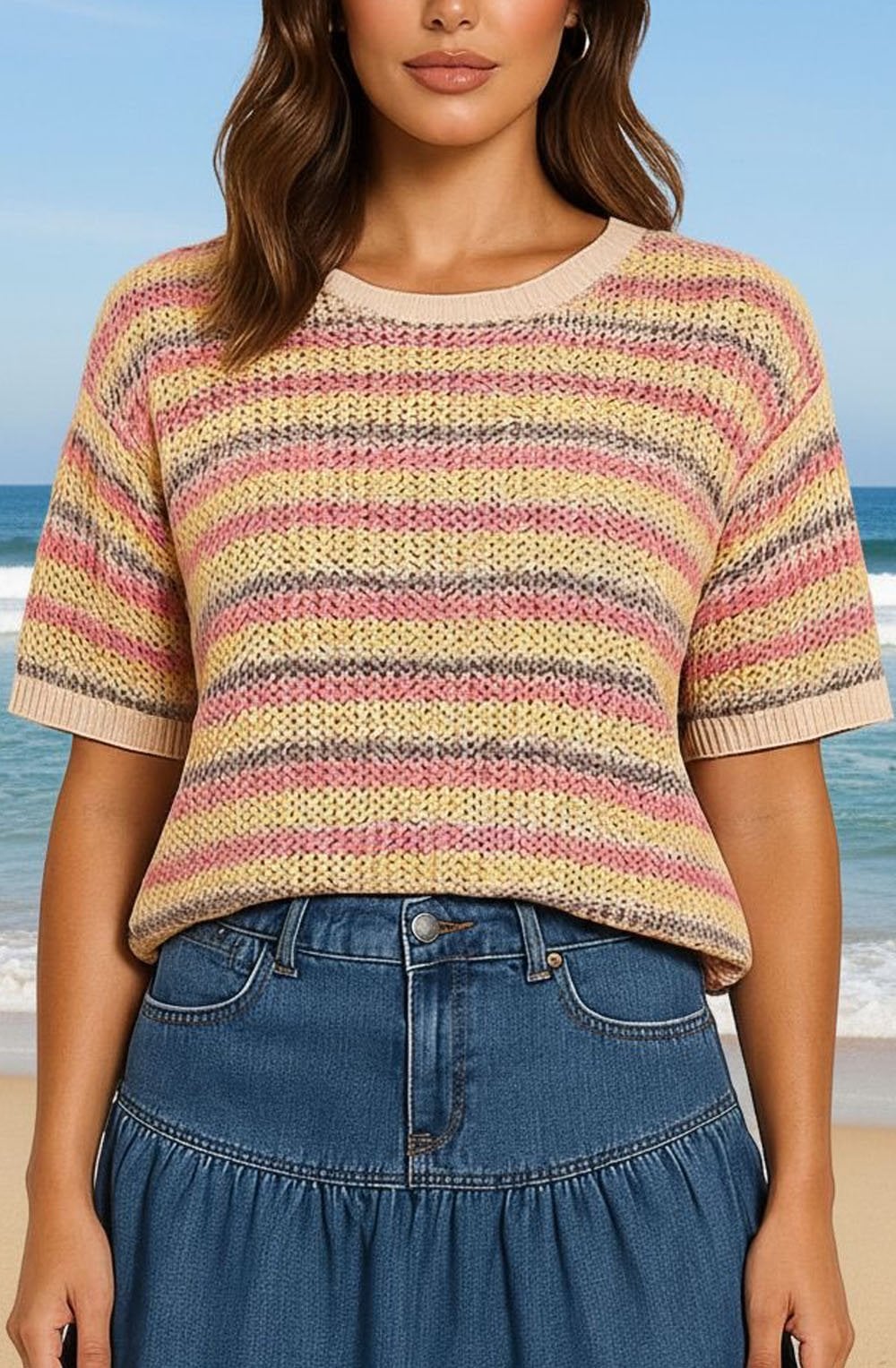Pink Mix Striped Drawstring Hem Jumper