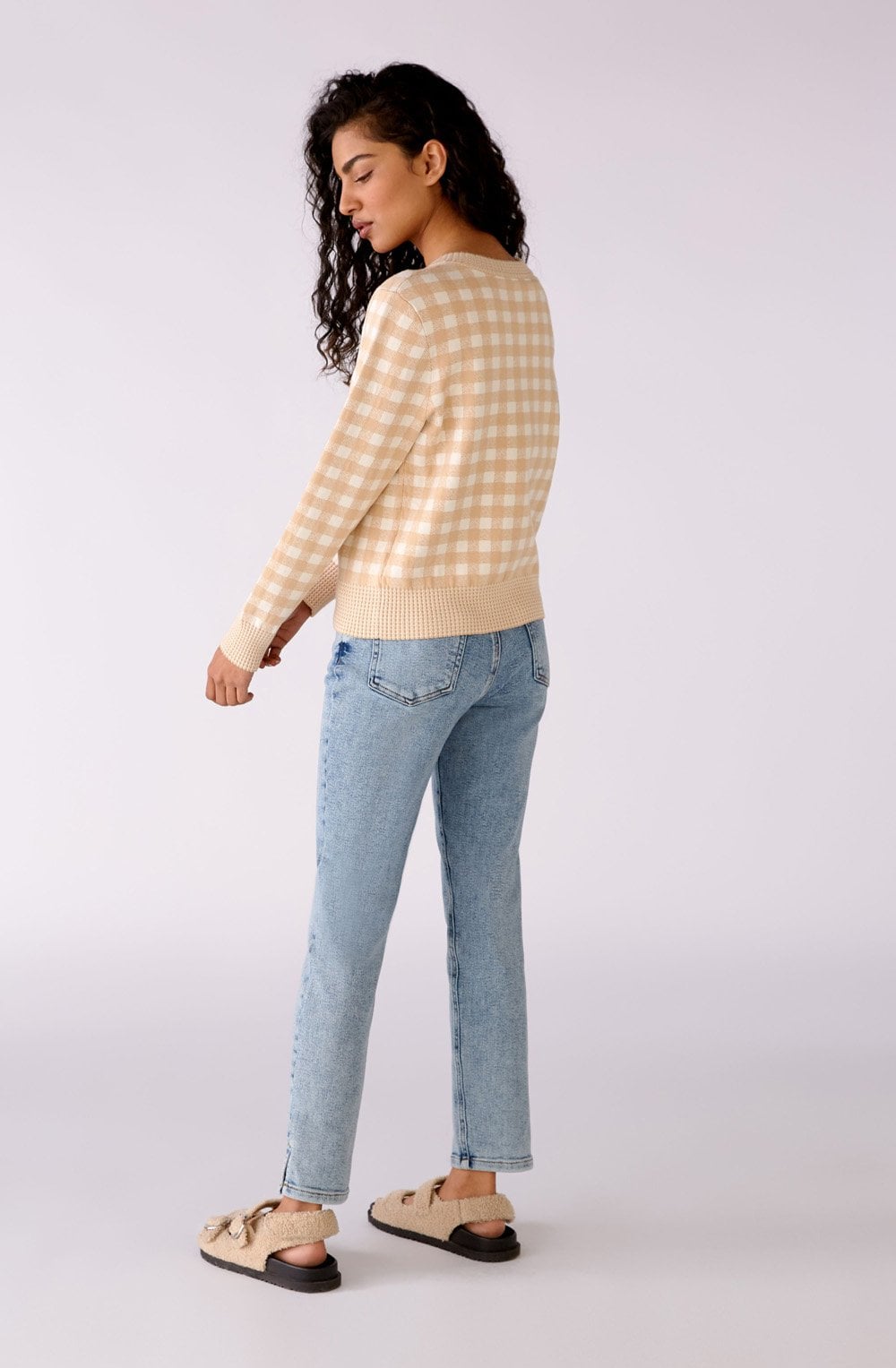Beige and White Checked Cardigan