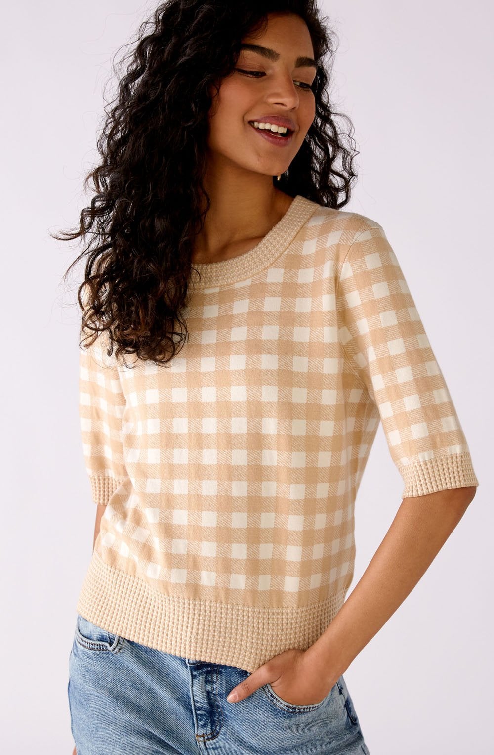 Beige and White Checked Fine Knit Jumper