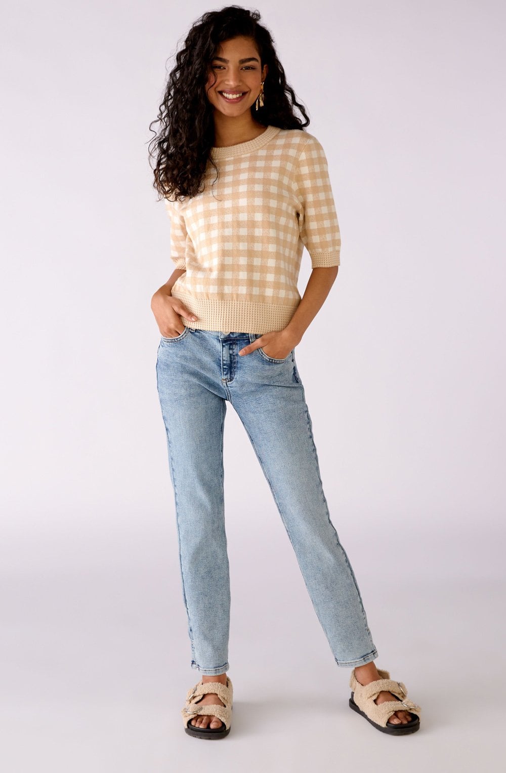 Beige and White Checked Fine Knit Jumper