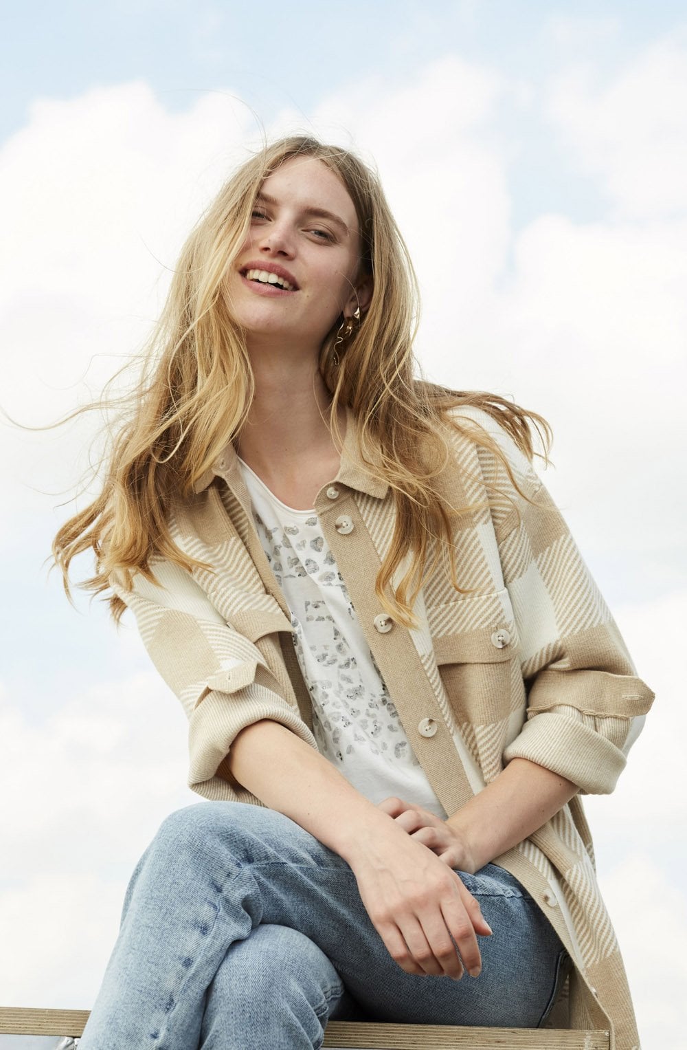 Beige and White Checked Shacket