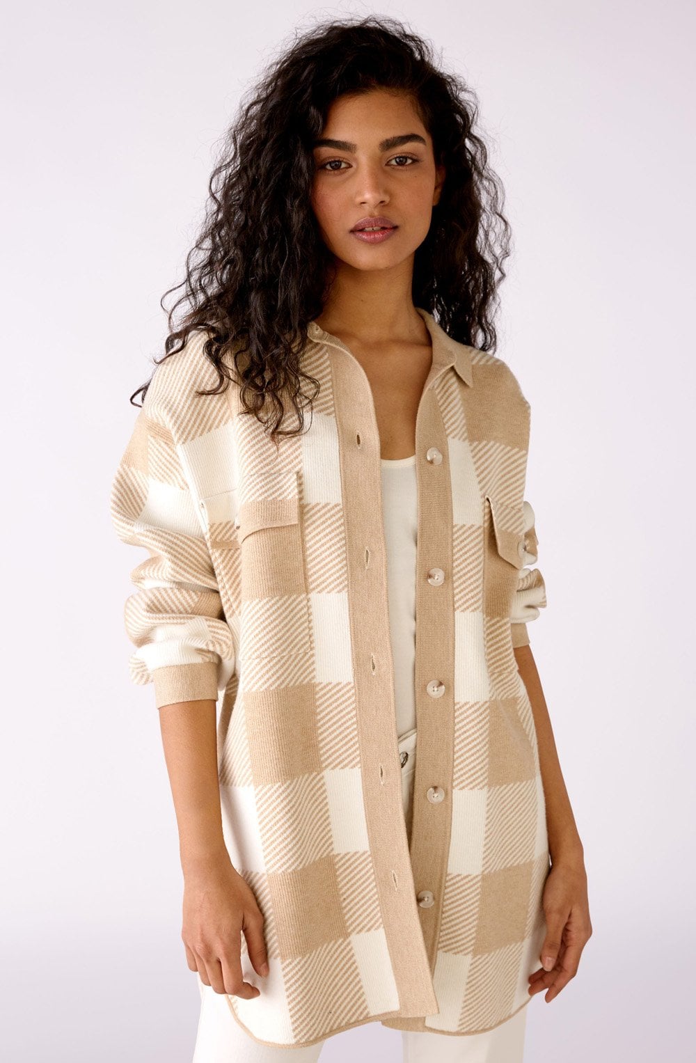 Beige and White Checked Shacket