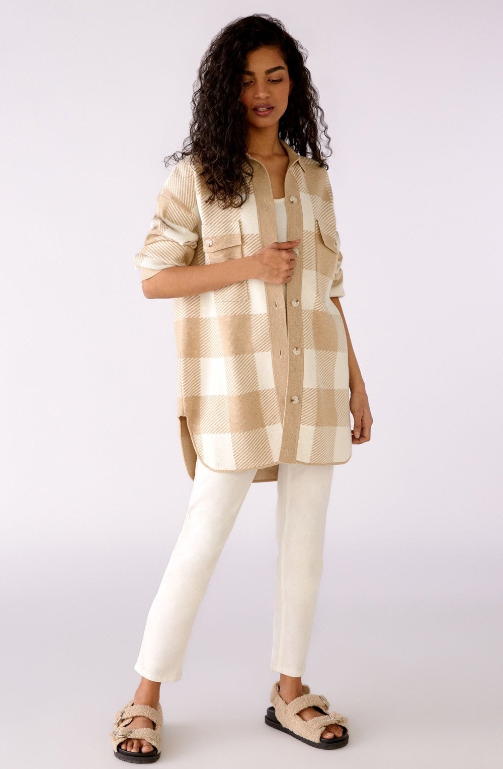 Beige and White Checked Shacket