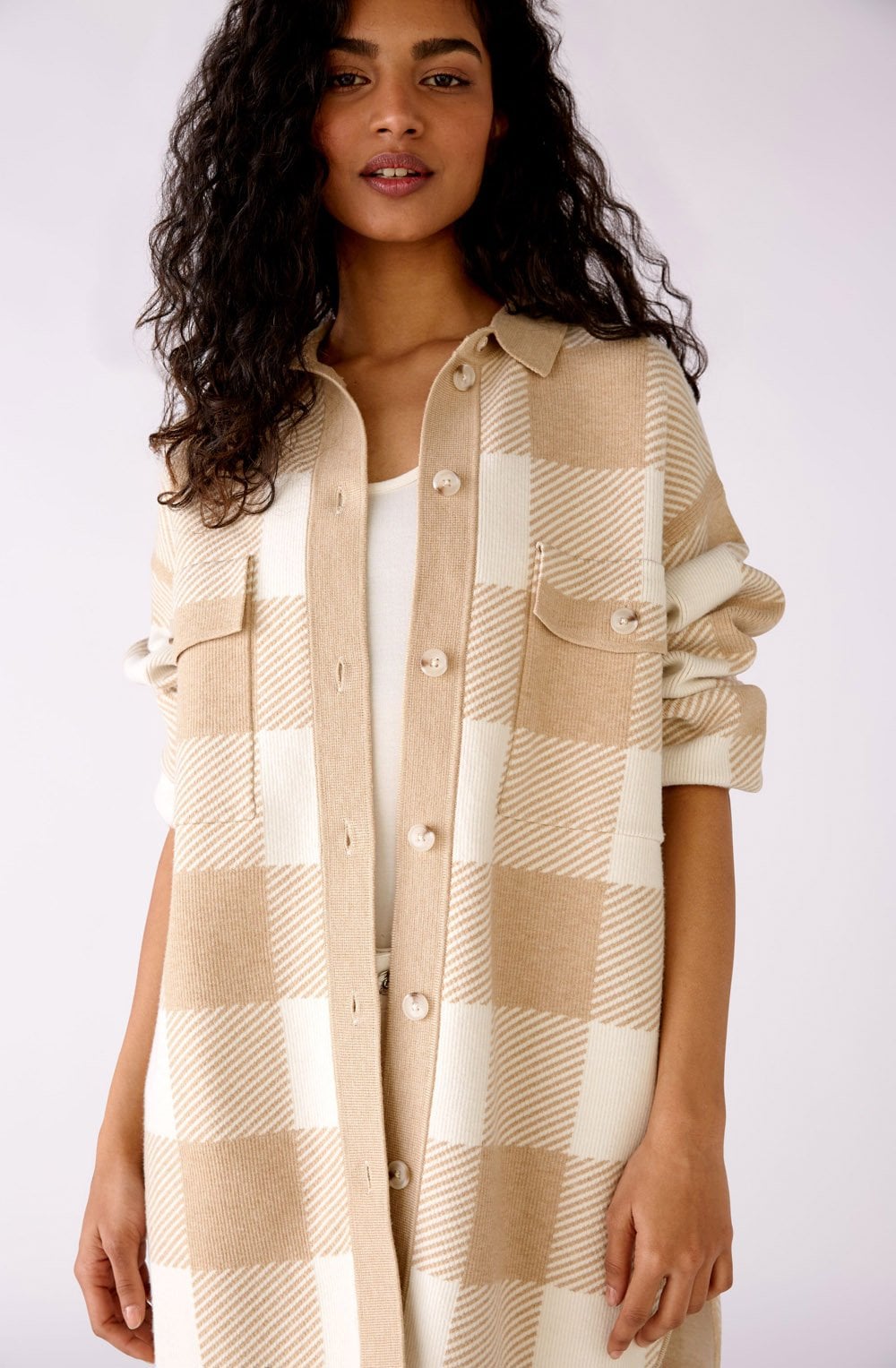 Beige and White Checked Shacket