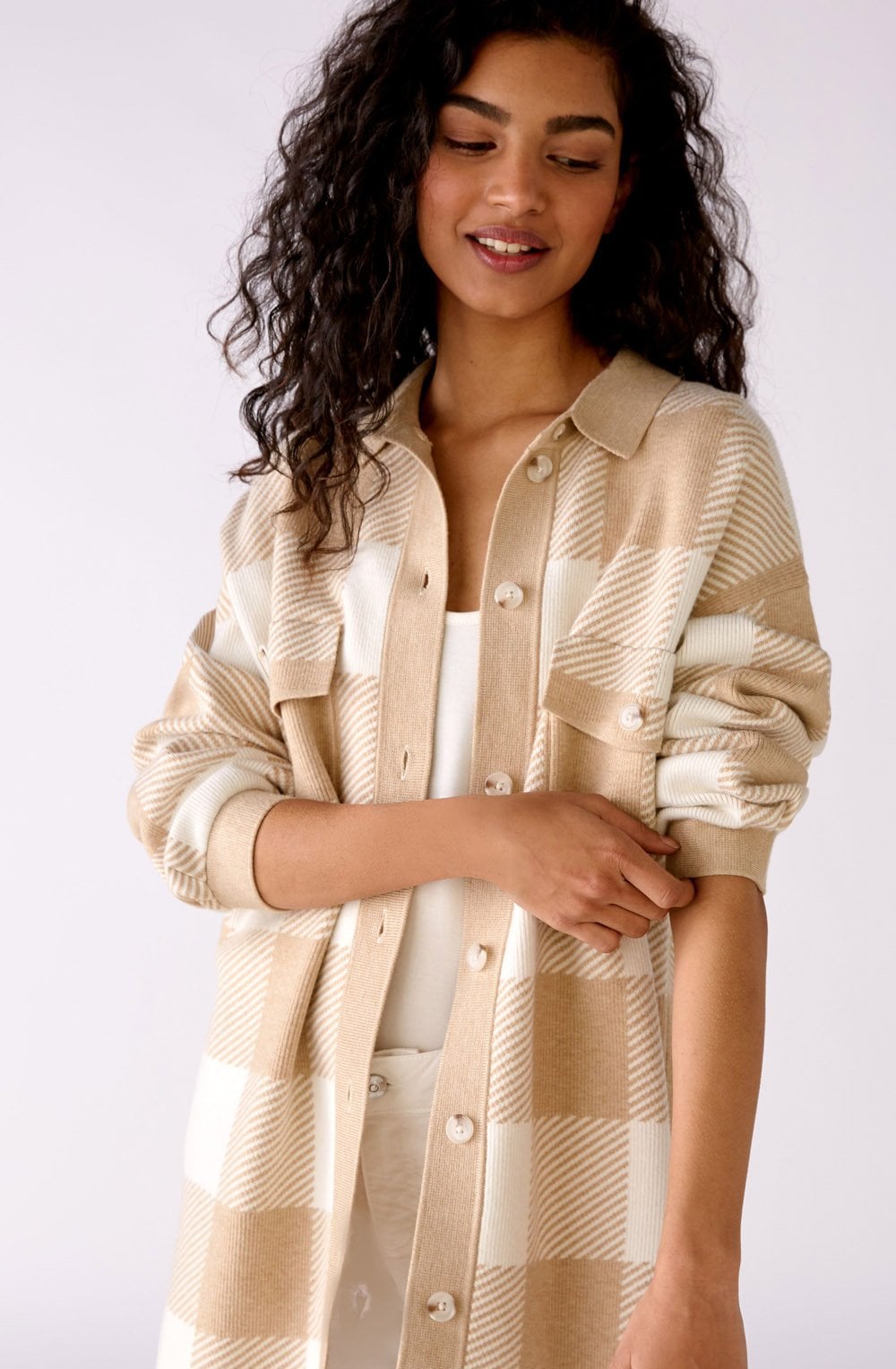 Beige and White Checked Shacket