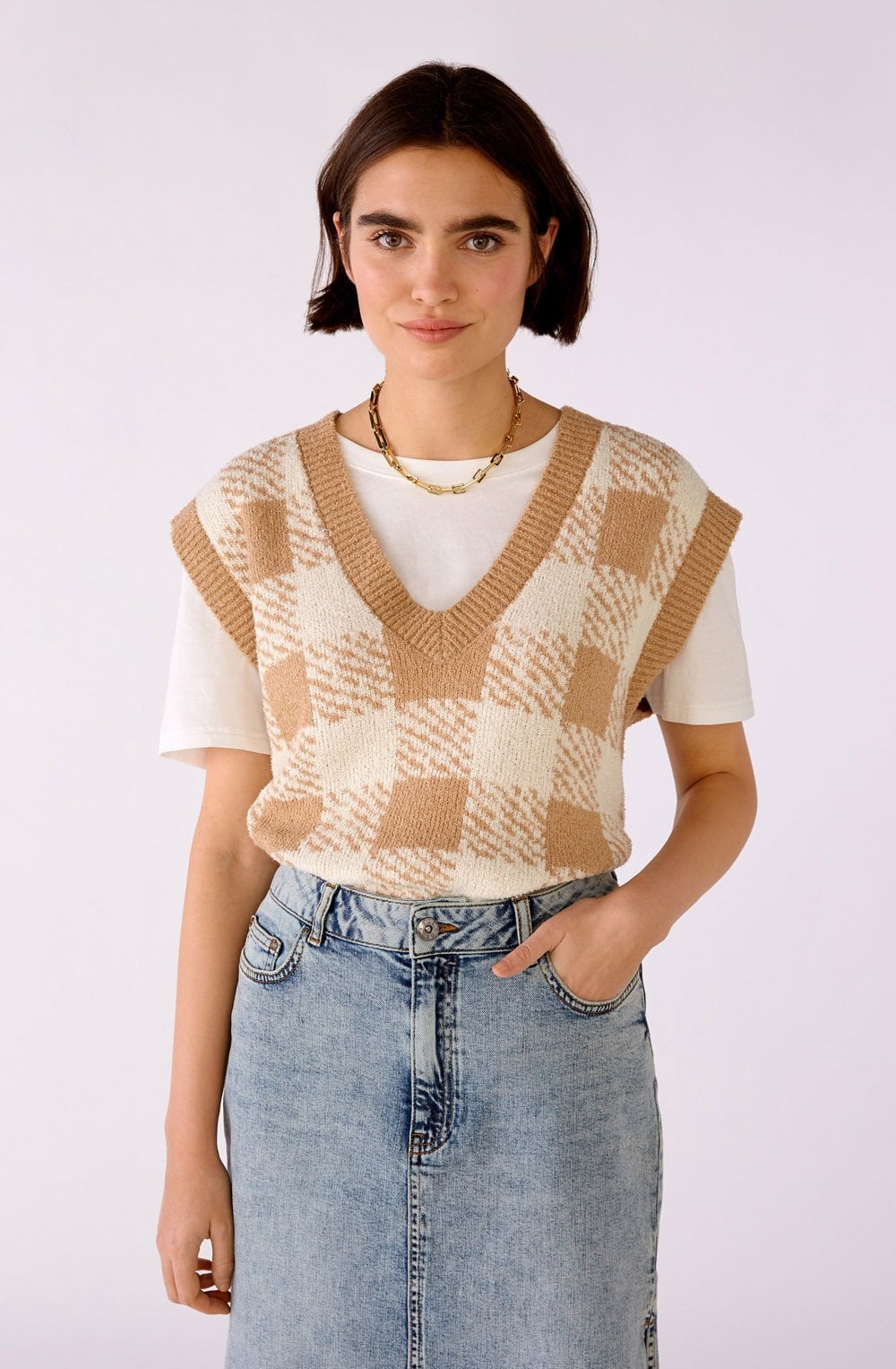Beige and White Checked Slipover