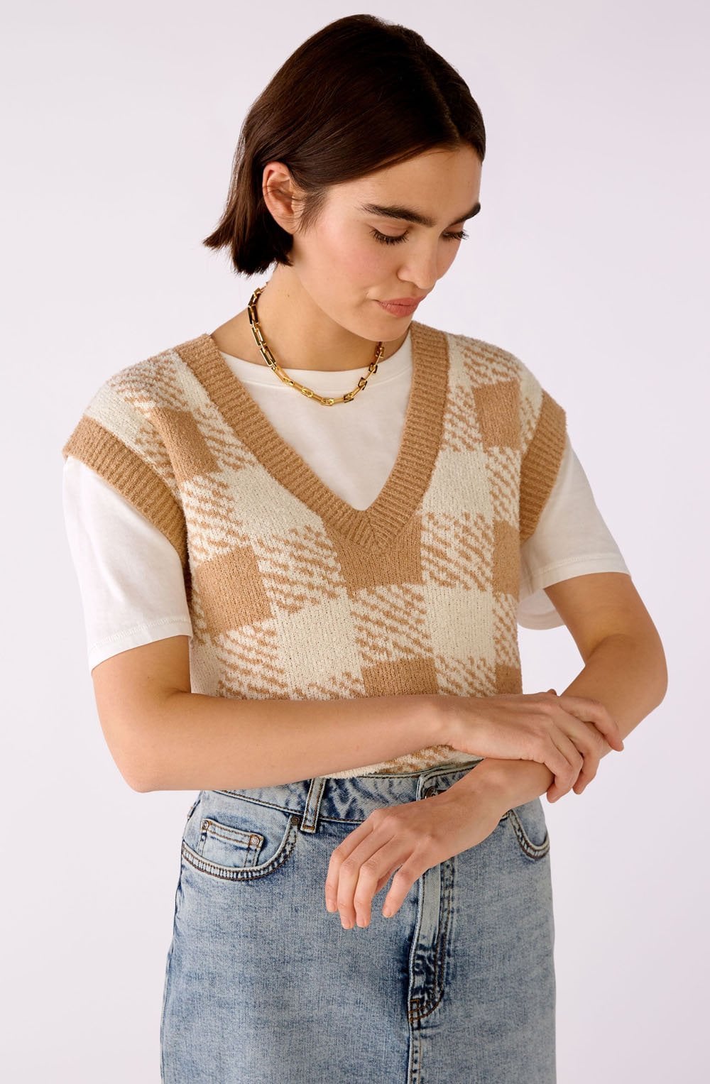 Beige and White Checked Slipover