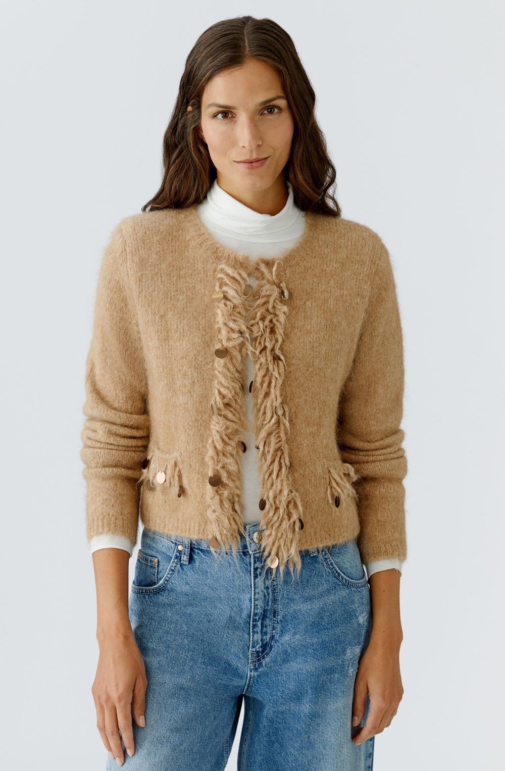 Beige Melange Fringed Cardigan