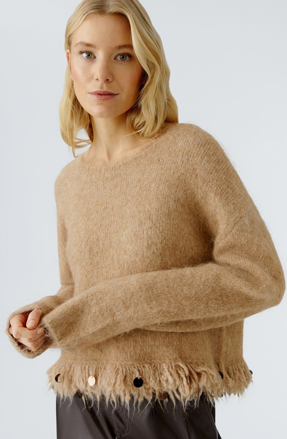 Beige Melange Sequin Fringe Jumper