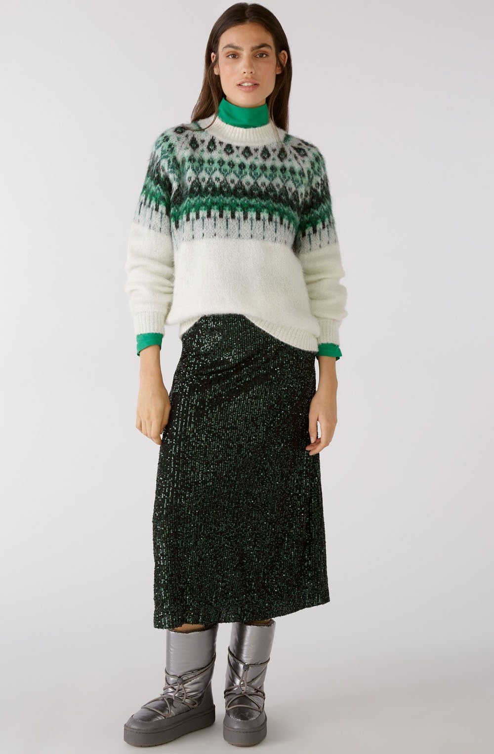 Black and Dark Green Sequin Midi Skirt