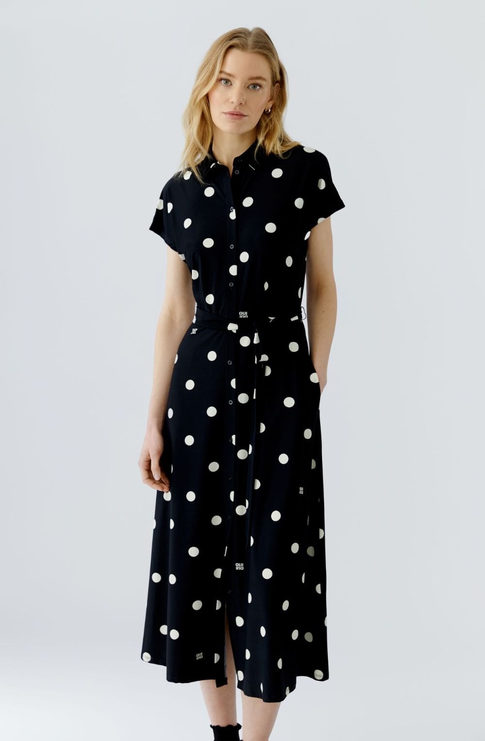 Black and Off White Polka Dot Silk Touch Shirt Dress