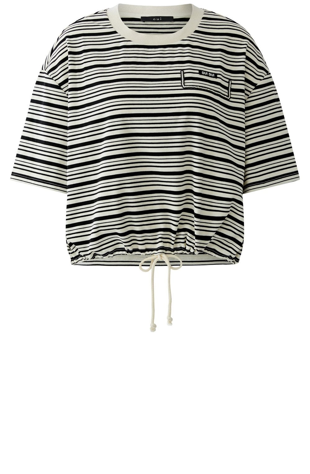 Black and Off White Stripe Drawstring Hem T-Shirt