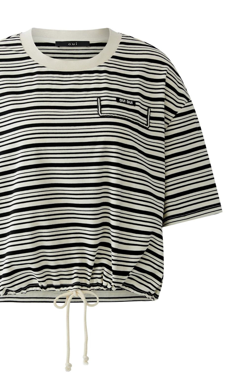 Black and Off White Stripe Drawstring Hem T-Shirt