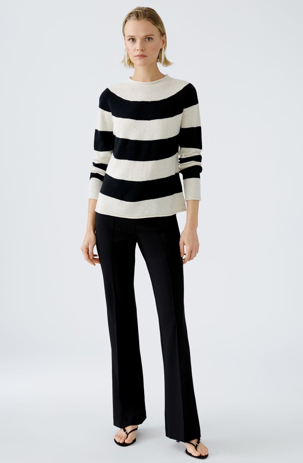 Black and Off White Striped Funnel Neck Jumper