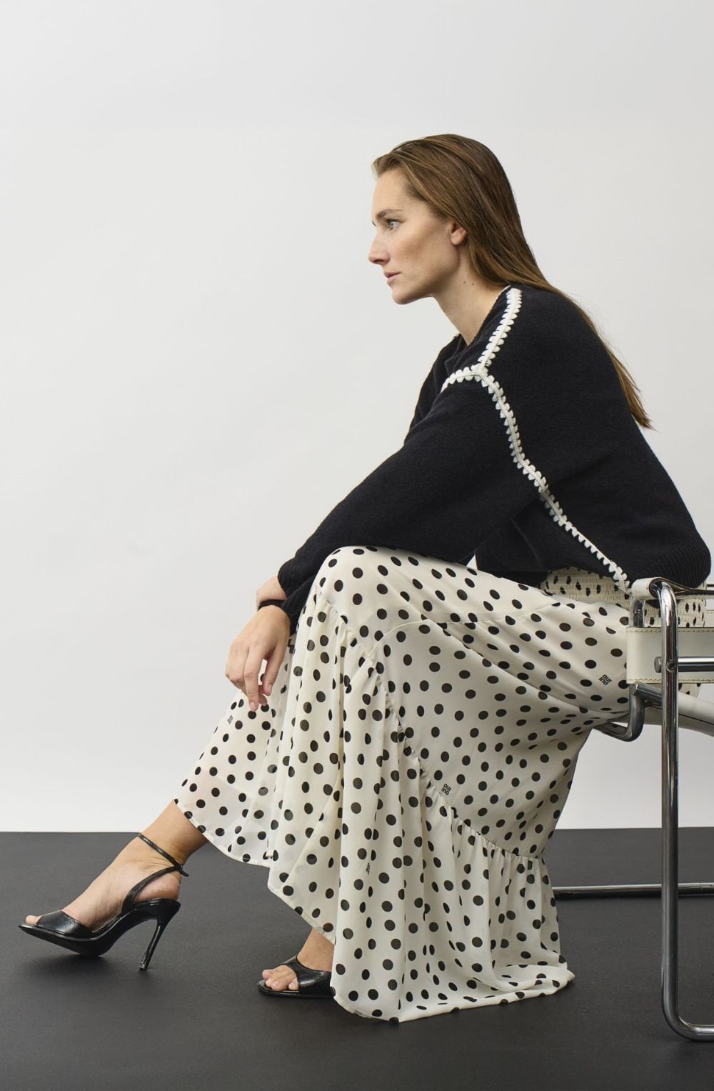 Black and White Contrast Embroidered Seam Jumper