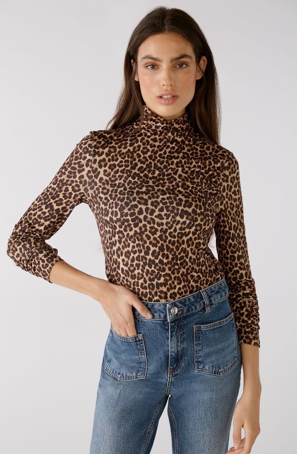 Black Camel Animal Print Stand Up Collar Top