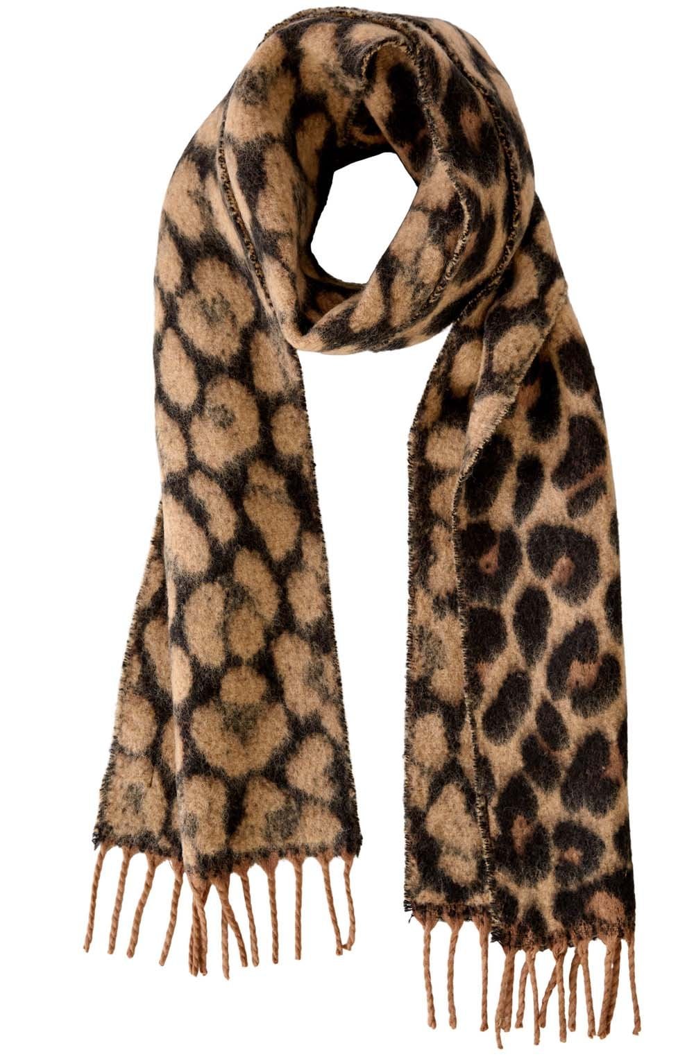 Black Camel Animal Print Tasselled Scarf