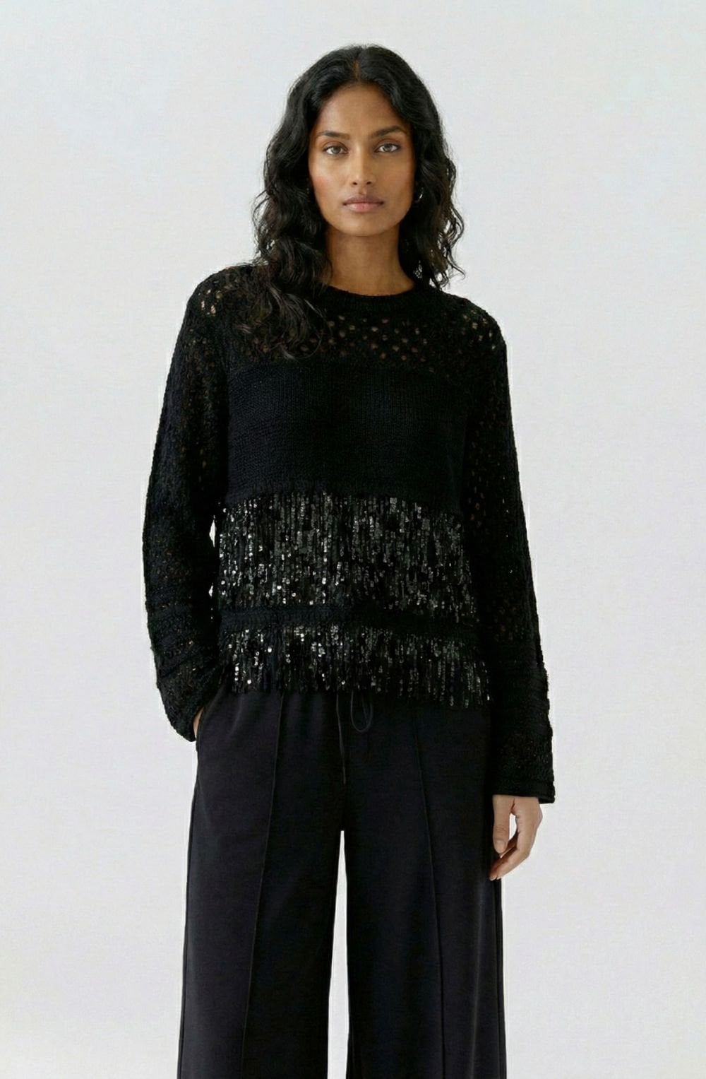 Black Contrast Knit and Sequin Fringe Jumper