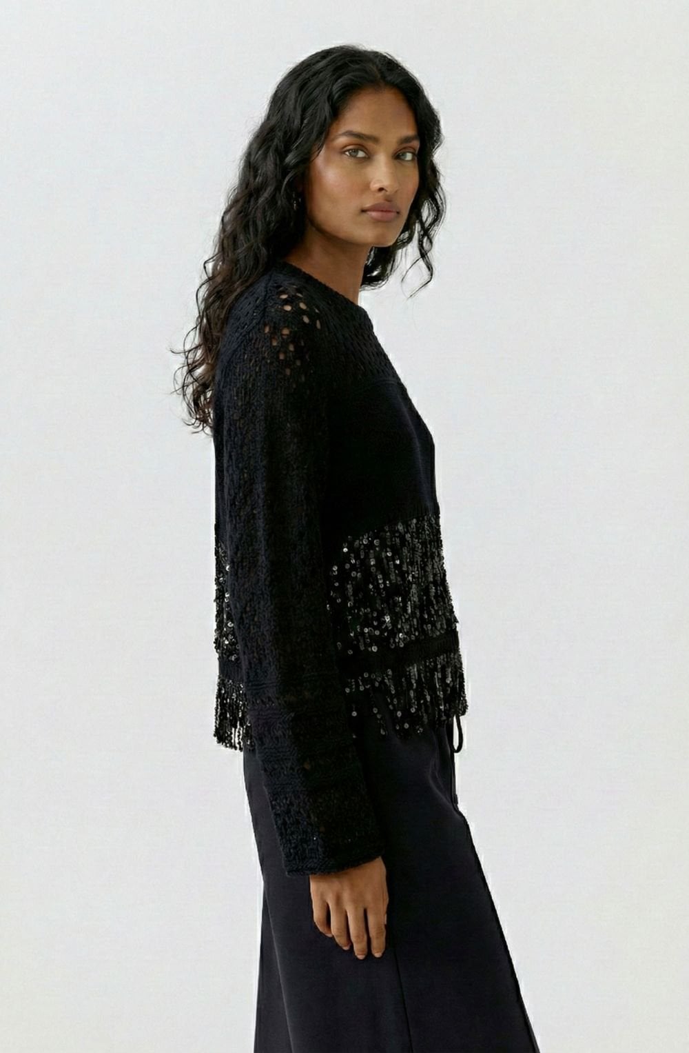 Black Contrast Knit and Sequin Fringe Jumper