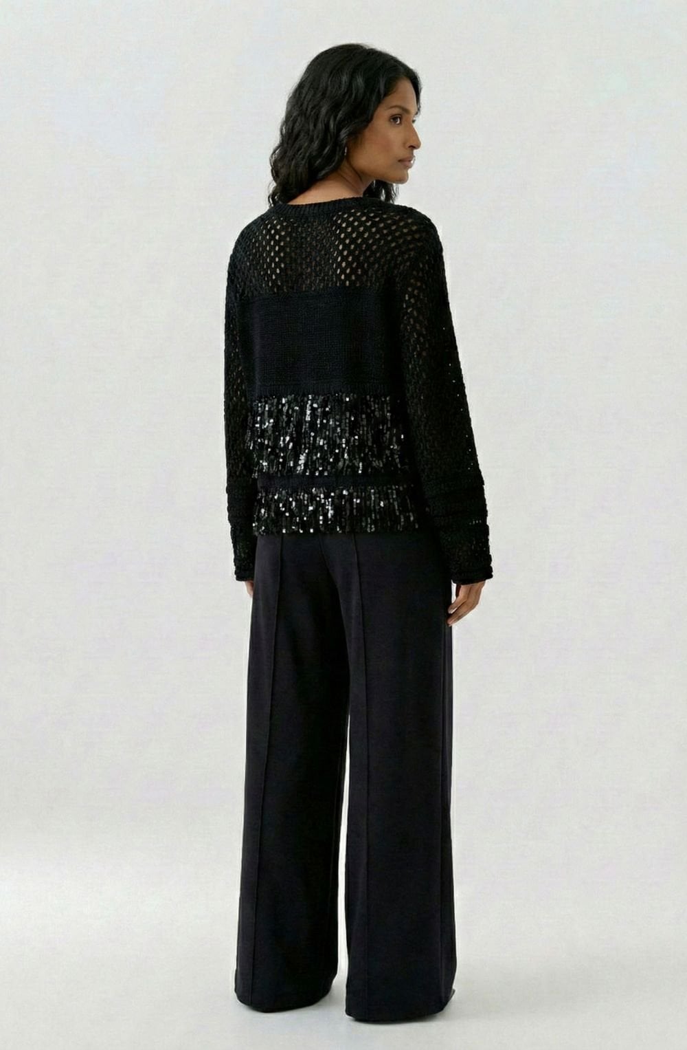 Black Contrast Knit and Sequin Fringe Jumper