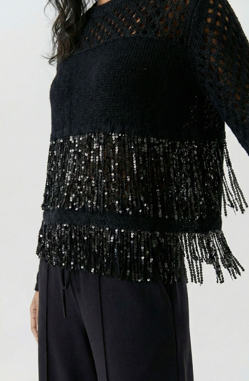 Black Contrast Knit and Sequin Fringe Jumper