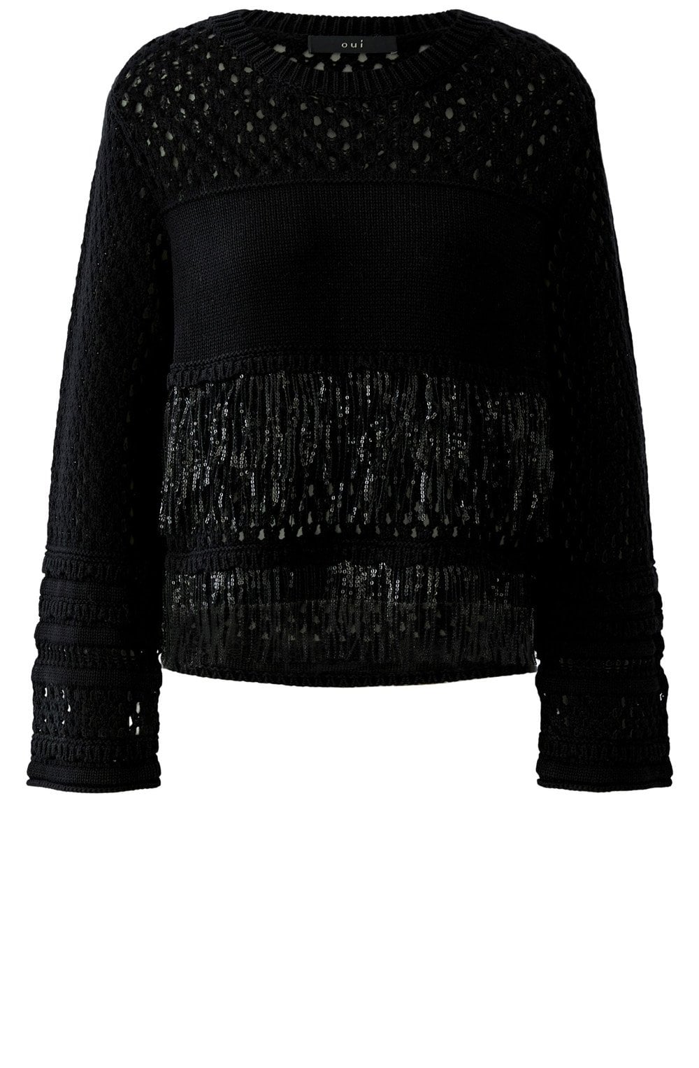 Black Contrast Knit and Sequin Fringe Jumper