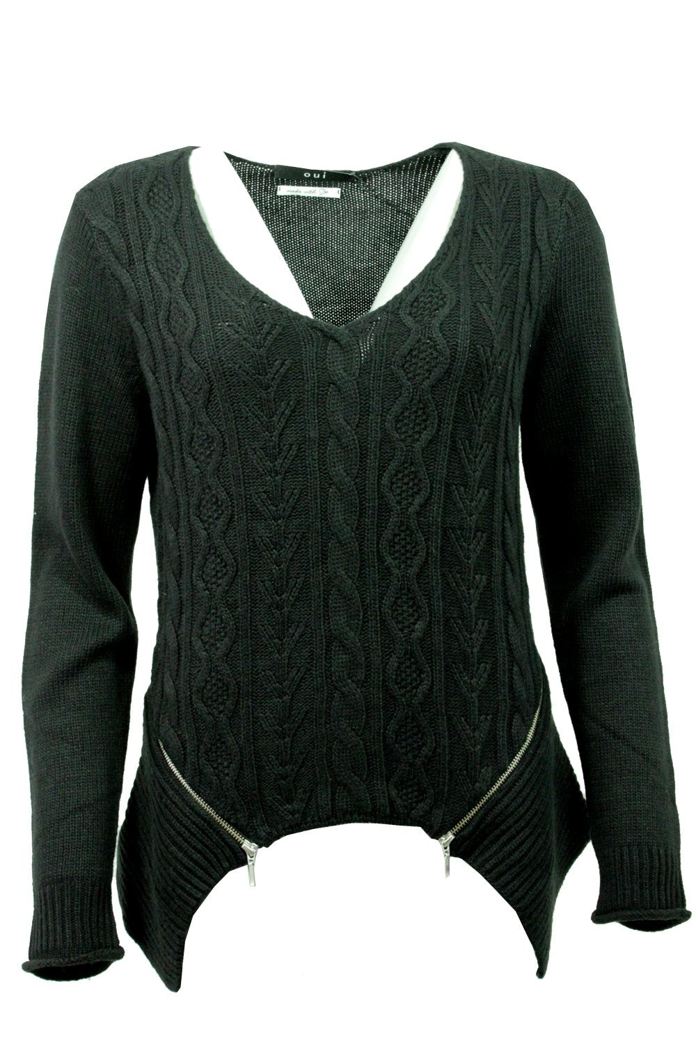 Oui black V neck jumper with zip detail