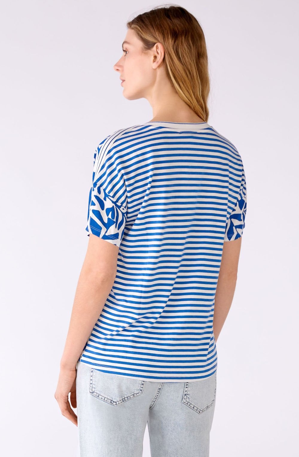 Blue and White Bold Print and Striped Blouse