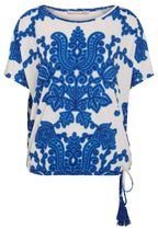 Blue and White Bold Print Jersey Blouse