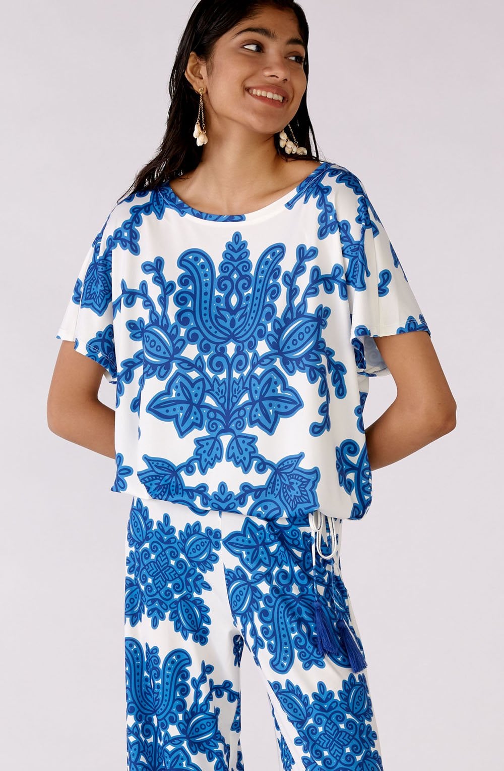 Blue and White Bold Print Jersey Blouse
