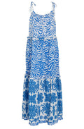 Blue and White Bold Print Tiered Maxi Dress