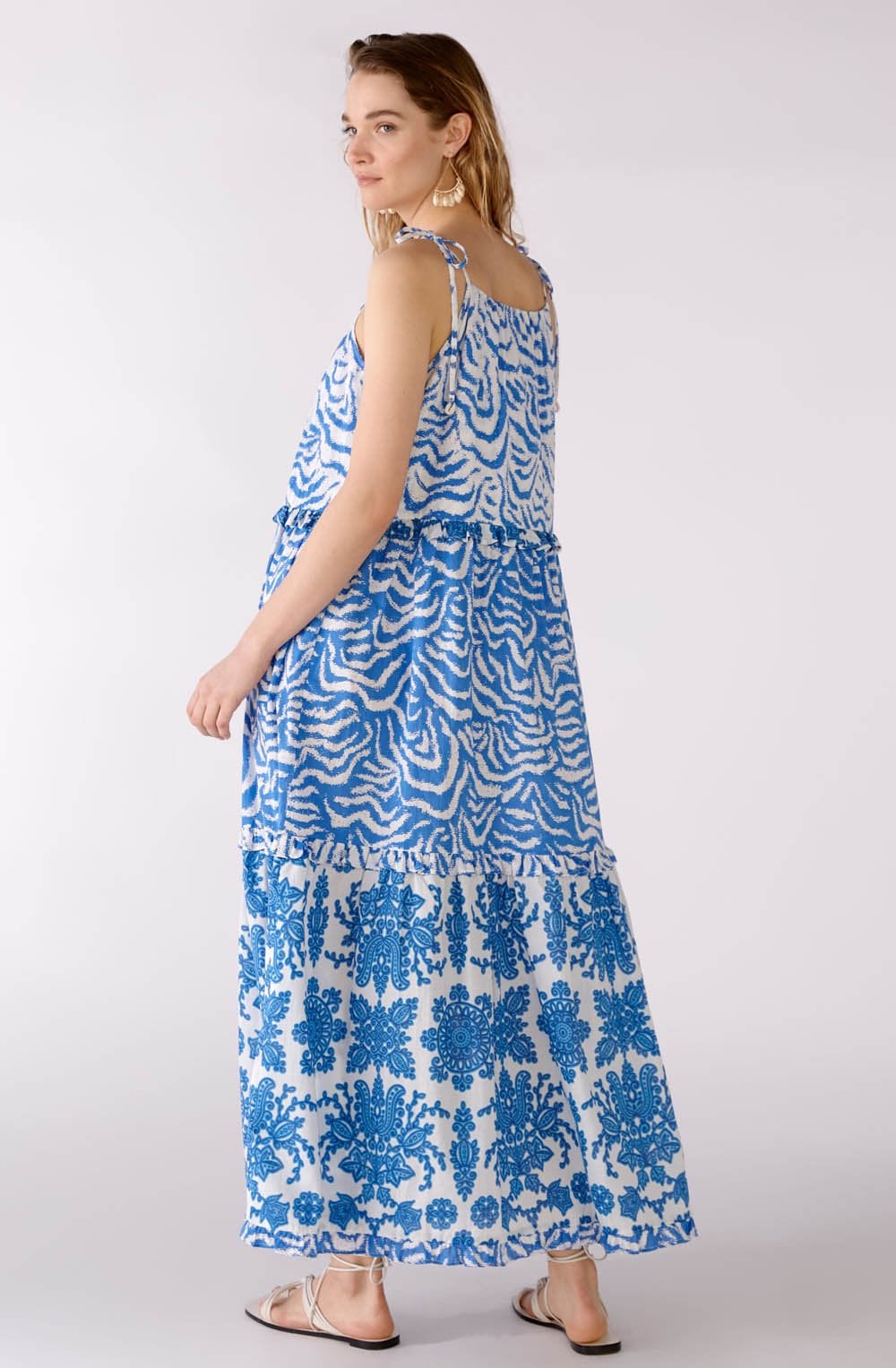 Blue and White Bold Print Tiered Maxi Dress