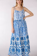 Blue and White Bold Print Tiered Maxi Dress